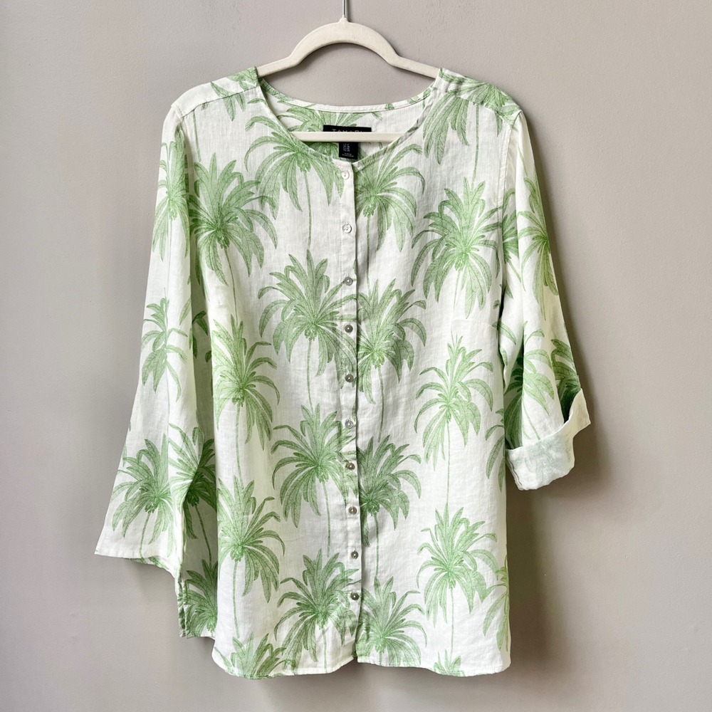 Tahari Tunic Women's 1X 100% Linen White Green Tropical Beachy Summer Coastal